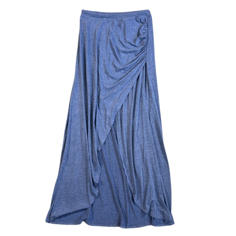 Ultra Flirt Blue Maxi Skirt Size Small Ruched Front Slit Draped Stretchy